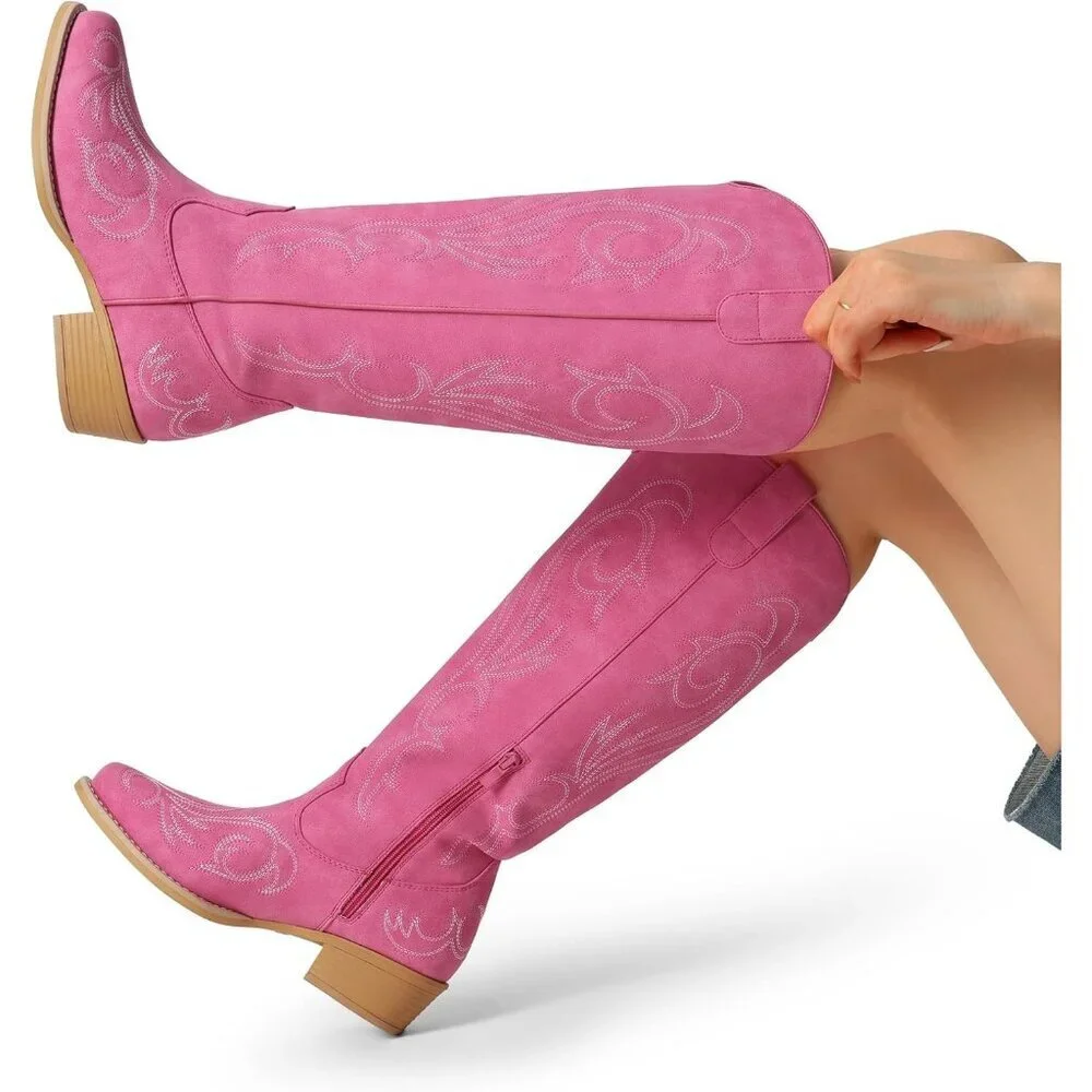 Women Faux Leather Hot Pink Knee High Chunky Heel Side Zipper Embroidered Boot